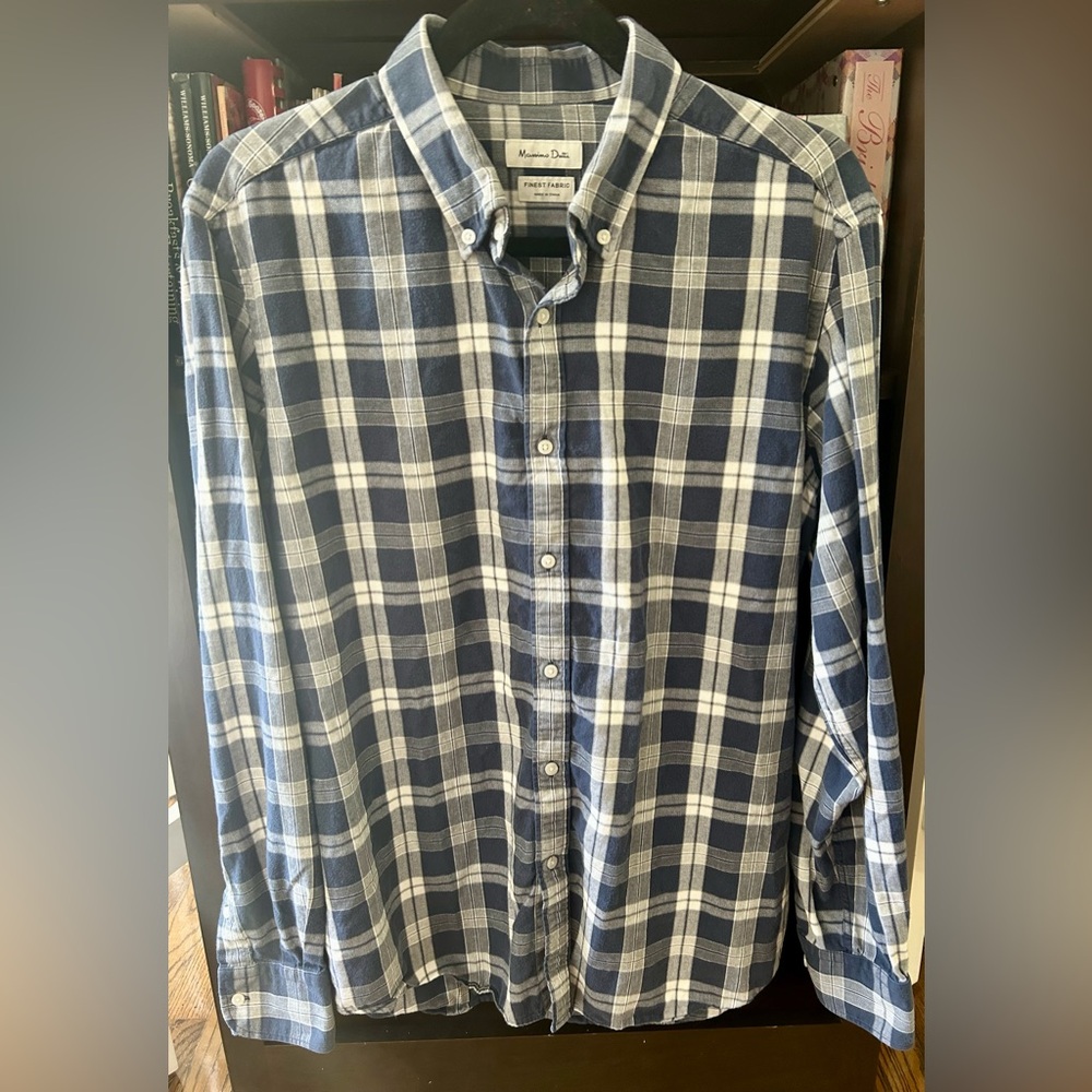 Massimo Dutti Button Down Shirt in Blue and White Plaid Check